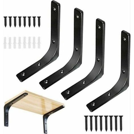 Équerre Murale - Métal Noir - 150x125 mm - Charge Max 80 kg - Pour Étagères - 4 Pièces (1/4)