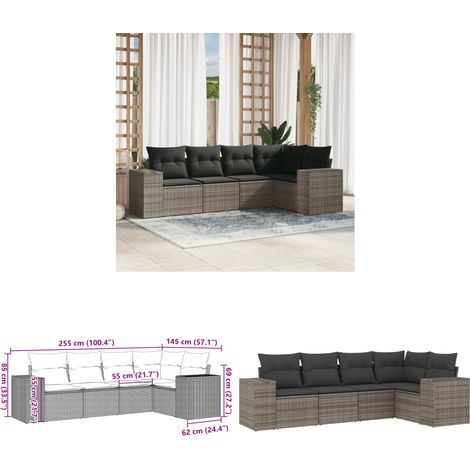 5-tlg. Garten-Sofagarnitur mit Kissen Grau Poly Rattan - Gartensofas - Outdoor Möbel - Gartenmöbelset - Rattan Gartenmöbel - Lounge Set - Home & Living (1/3)