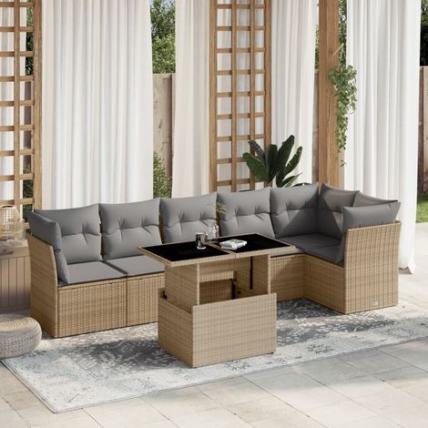 Set sofás de jardín 7 piezas y cojines ratán sintético beige vidaXL (1/5)
