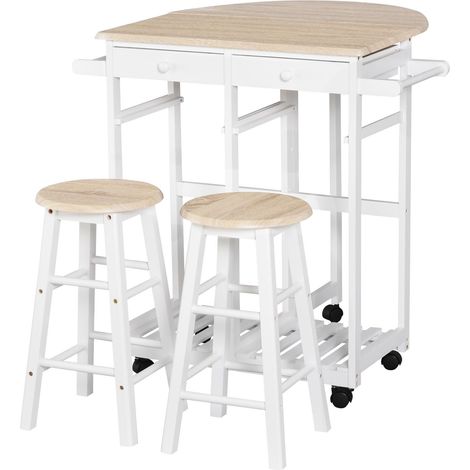 Ensemble Table de Bar Pliable sur roulettes 2 tabourets Blanc (1/5)
