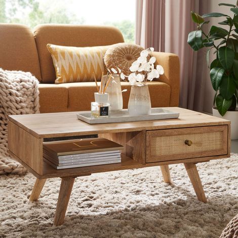 M&S – Table basse fixe en manguier massif 90x40x45 cm – Cannage naturel – Tiroir et niche – Style scandinave pour salon moderne