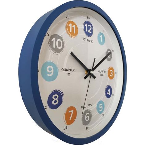 Horloge d'apprentissage, horloge murale analogique, horloge de cuisine pour enfants, chiffres anglais, bleue, chiffres colorés, diamètre 30,5 cm