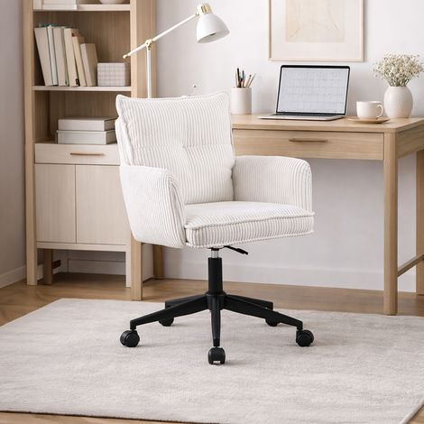 Chaise de bureau pivotante en velours côtelé écru - MOLKA