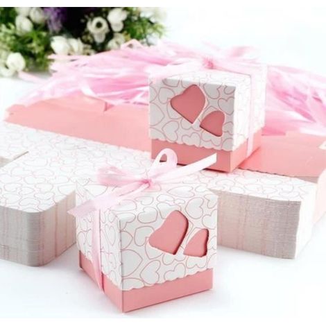 100 Stück herzförmige Gastgeschenkboxen mit Schleifendeckeln für Hochzeiten und Taufen M15580 (1/3)