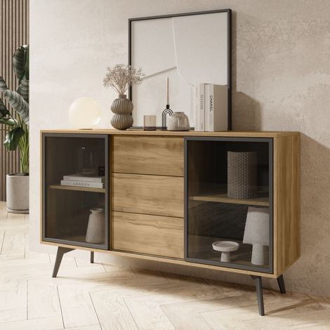 Commode Estevan - Chêne Doré - Vitrée - 3 Tiroirs - Largeur 144 cm, Hauteur 85 cm, Profondeur 39 cm (1/5)