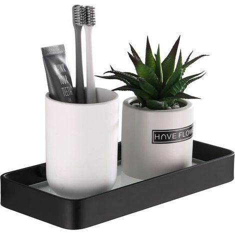 Étagère Douche sans Percage Etagere Murale Salle de Bain Caddy avec Rangement Organisateur Antirouille Aucun Dommage en Verre Trempé Aluminium Space pour Accessoires Cuisine 25cm Noir (1/5)