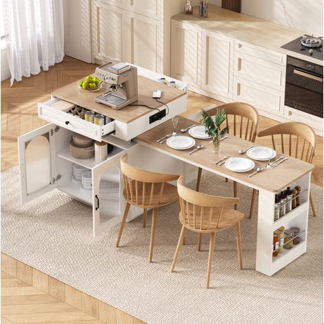 Kücheninsel mit Rollen, Ausziehbarer Esstisch mit LED-Beleuchtung, Bartisch mit Steckdosenleisten, dient als Kücheninsel, Anrichte, Sideboard oder Bartisch für Küche und Esszimmer (Weiß) (1/5)