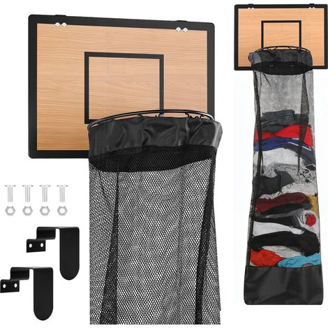 Panier de Basket en Bois pour Linge Sale, Mural et sur Porte avec Sac Amovible, Ballon et Pompe à Air, Jeux de Basketball pour Collecte de Linge Sale, Cadeau pour Enfants et Adultes (1/5)