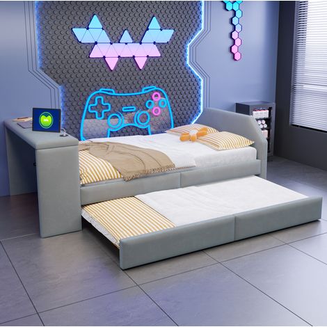 Lit enfant 90x200 cm en velours gris, bureau USB, lit gigogne, gain de place, sans matelas – MEUBLIV (1/5)