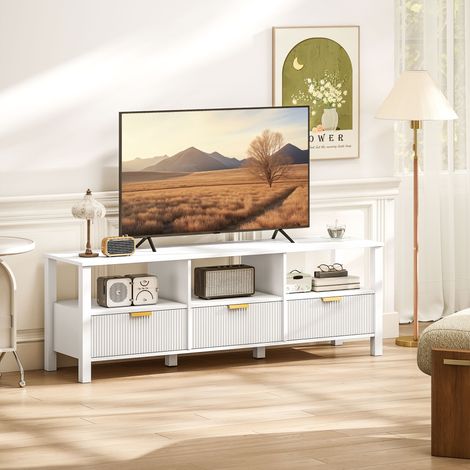 Meuble TV 152 cm, meuble télé pour téléviseur 65 pouces avec 3 tiroirs et 3 étagères ouvertes, 152x39,5x50cm, blanc (1/5)