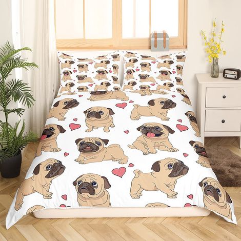 Parure de lit pour chambre à coucher avec housse de couette 135 x 200 cm, motif animal 3D, motif carlin, marron, blanc (1/5)
