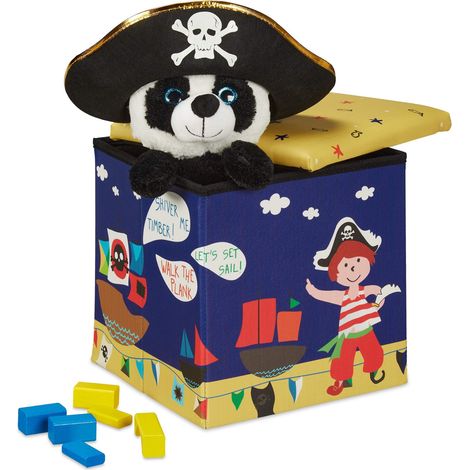 Tabouret Enfants, boîte siège Pliable, avec Espace de Rangement, Design Pirate, HxlxP 31x31x31cm (1/5)