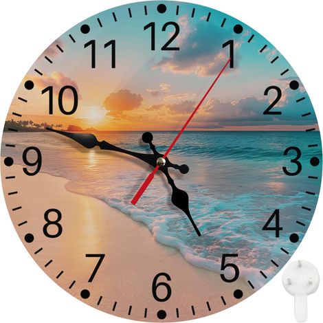 Runde, nicht tickende Wanduhr, geräuschlos, batteriebetrieben, 30 cm, Meeresstrand, blauer Himmel, Sand, Heimdekoration für Wohnzimmer, Küche, Schlafzimmer und Büro