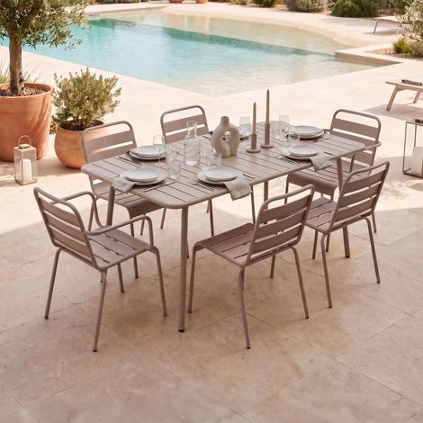 Ensemble table + 4 chaises + 2 fauteuils en métal taupe - BACA (1/5)