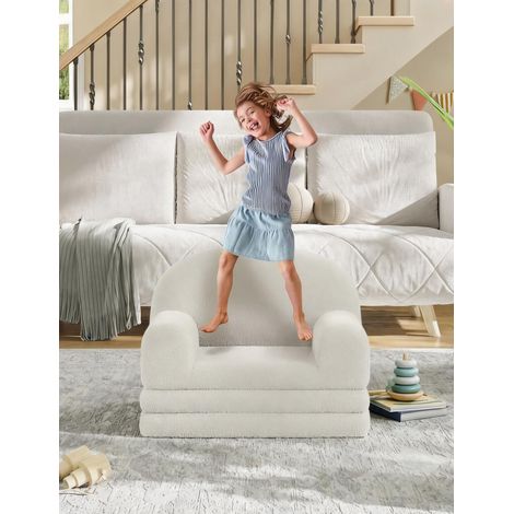 Canapé enfant 2-en-1 convertible en méridienne – Fauteuil pliable en mousse ultra doux – Tissu sherpa – Idéal chambre, salle de jeux – Cadeau fille/garçon – Blanc lune, spec: 2106-2 (1/5)