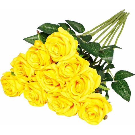 Artificial Silk Rose Flowers Single Stem Realistic Fake Rose for Wedding Bouquet Flower Arrangements Decoration, 10pcs (Yellow) (1/5)