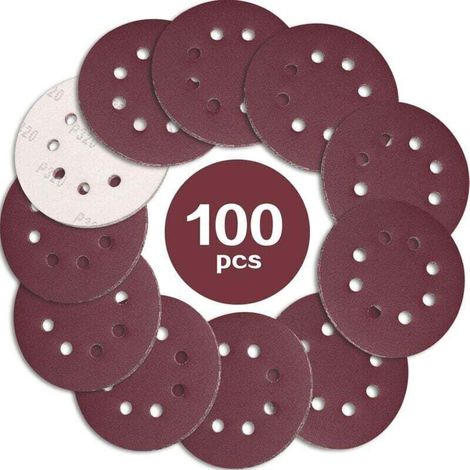 Disques abrasifs pour ponceuse excentrique – 100 unités, diamètre 125 mm, grain 320, papier abrasif perforé 8 trous