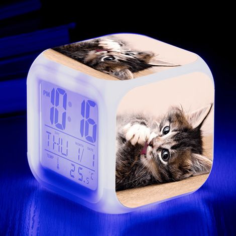 Réveil numérique avec motifs de chats mignons (A), alarme avec lumières colorées (C)