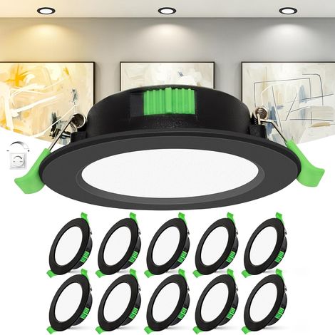Lot de 10 Spots LED Encastrables Extra Plat 25mm, 6W Dimmable 0-100% avec Variateur, 2700K/4000K/6000K, IP44 Spot Salle de Bain, CRI 90, Découpe Ø55-68mm, 230V, Noir (1/5)