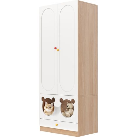 Armoire pour enfants avec penderie et espace repos pour chat, panneaux laqués blancs et MDF couleur bois naturel, 80×50×200 cm (1/5)