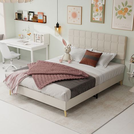 Lit en tissu moderne beige profond avec tête de lit capitonnée à carreaux style luxe léger, pour petite chambre principale ou seconde chambre, lit double, taille du matelas: 140 cm × 200 cm, beige