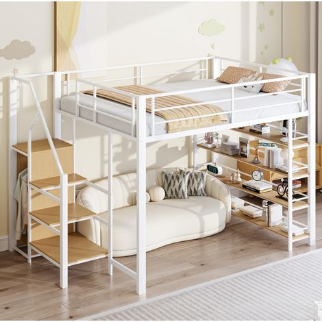 Hochbett 140x200 cm Weiß aus Metall mit Stauraumtreppe, Kleiderschrank und Absturzschutz (1/5)
