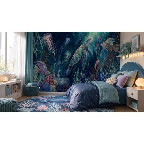 Papier peint panoramique enfant océan et tortues pour chambre d’enfant 368x254 cm (1/5)