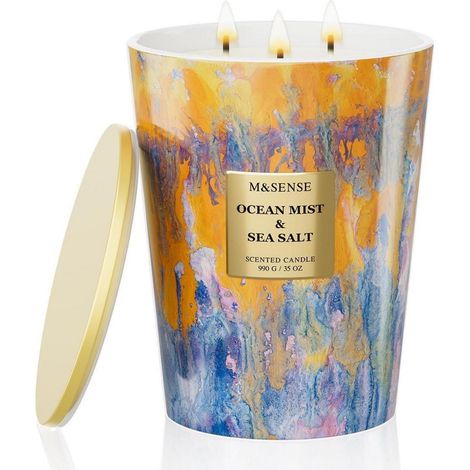 Grande bougie parfumée en verre, 150h de combustion, 3 mèches, 990g cire de soja, Ocean Mist & Sea Salt