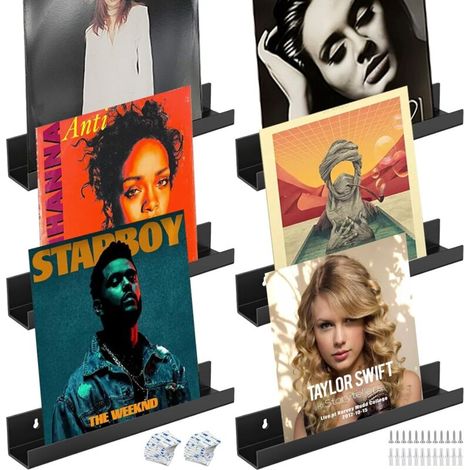 Bardusch-Lot de 6 supports muraux pour disques vinyles (acrylique noir) - Support mural en vinyle - 30,5 x 4,3 x 4,3 cm - Pour plaques et photos, bibliothèque, magazines (30,5 x 4,3 x 4,3 cm) (1/5)