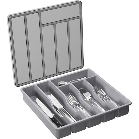 Organizzatore per posate, grigio, 4 cm, per cucina, organizer per posate con coperchio, 6 scomparti per coltelli, PP per alimenti (32x30x5,4 cm) (1/3)