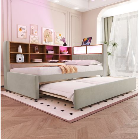 Canapé-lit en flanelle gris clair 90x200 cm avec lit gigogne 90x190, LED, rangements et ports de charge (1/5)