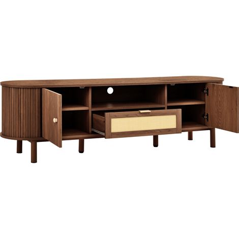 Mueble TV moderno de MDF color nogal 175 cm con cajones y compartimentos abiertos (1/5)