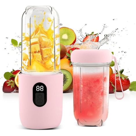 Frullatore portatile, spremiagrumi elettrico portatile con display digitale, batteria da 1500 mAh, funzionamento senza fili, testina di taglio in acciaio inossidabile (SUS) a 16 lame - Rosa (1/4)