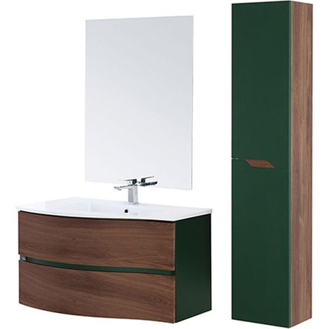 Mobile Bagno Sospeso Curvo Noce Verde Composizione Lavabo Specchio Minori