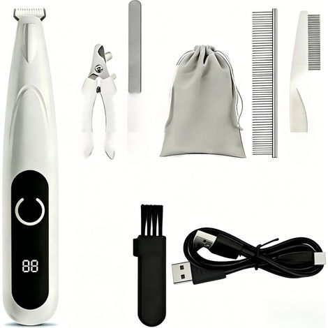 Hundepfotenschere mit LED-Licht, ultraleise Schermaschine, USB-C-wiederaufladbar, professionelle Schermaschine für Pfoten, Ohren, Gesicht und Augen (weiß) (1/5)