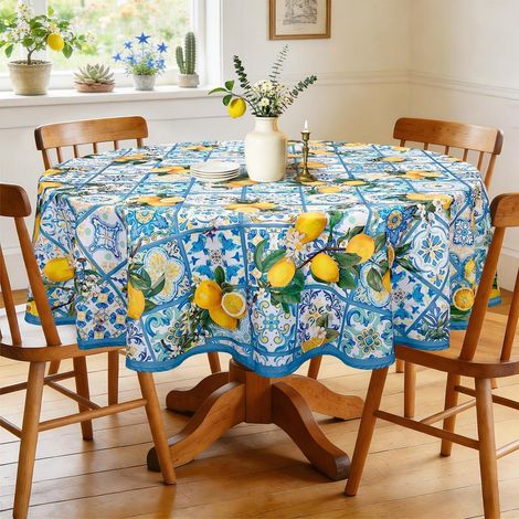 Nappe ronde motif citron, Ø 180 cm, lavable, polyester