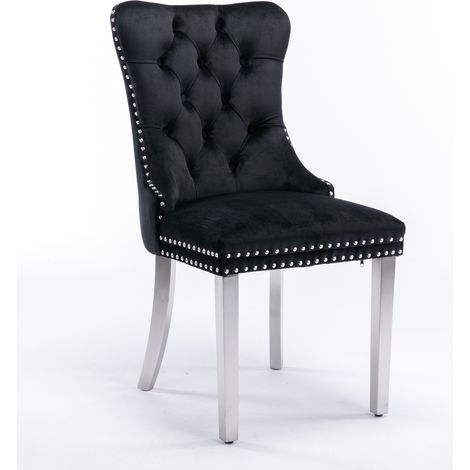 Chaise de salle à manger contemporaine haut de gamme Nikki Collection, capitonnée, en bois massif, revêtement en velours, pieds plaqués chrome en acier inoxydable, finition cloutée, lot de 2, noire et (1/5)