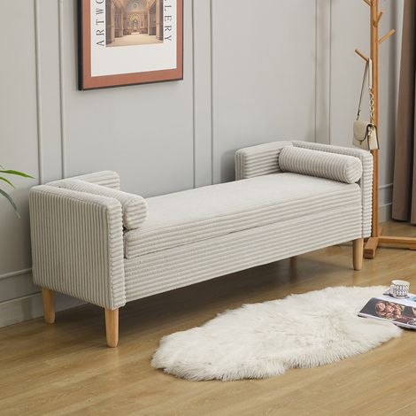 Pouf contenitore 153x52x58 cm, con spazio interno, due cuscini rotondi, struttura in legno, velluto a coste grigio (1/5)