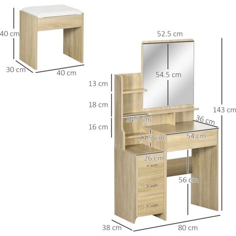 Coiffeuse avec miroir, coiffeuse, tabouret, 4 tiroirs, 4 étagères, aspect bois. (1/5)