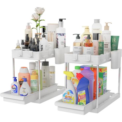 Lot de 2 organiseurs de sous-sol pour salle de bain et cuisine avec tiroir coulissant, étagère de panier coulissante, 2 étagères, étagère sous évier de rangement amovible (blanc) (1/5)