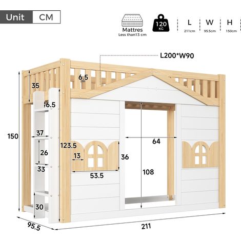 Lit superposé en bois massif, maisonnette 90x200cm, forme fenêtre, espace dessous lit ou coin jeux, blanc et bois naturel, pour enfant (1/5)