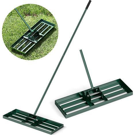 Râteau niveleur de pelouse vert en métal 76 x 25 cm avec manche ergonomique et tête rotative à 180 pour jardin, terrain et golf (1/5)