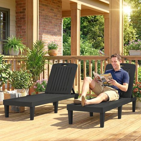 Conjunto de 2 Tumbonas Reclinables de Plástico PP con Bandeja Lateral Respaldo Ajustable 5 Niveles 192x57x28,5 cm Negro (1/5)