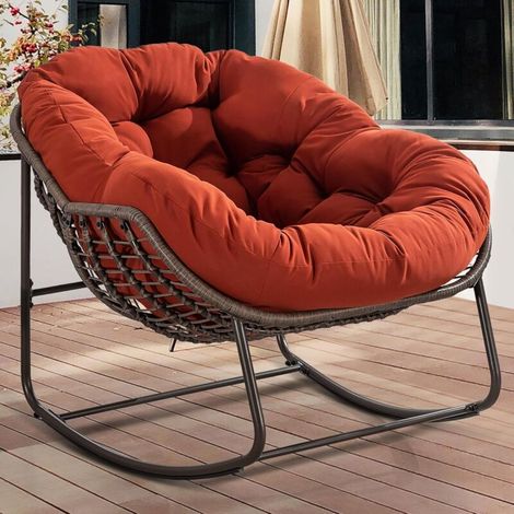 Fauteuil à bascule d'extérieur en rotin, avec coussin rembourré, pour porche, salon, terrasse, jardin, orange