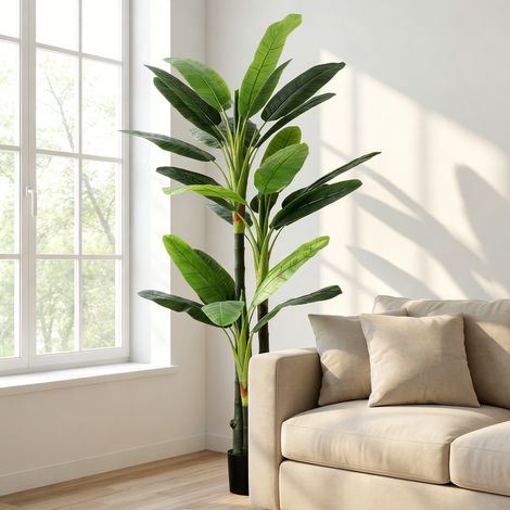 Bananier artificiel, fausse plante à 18 feuilles. 180 cm. Vert.