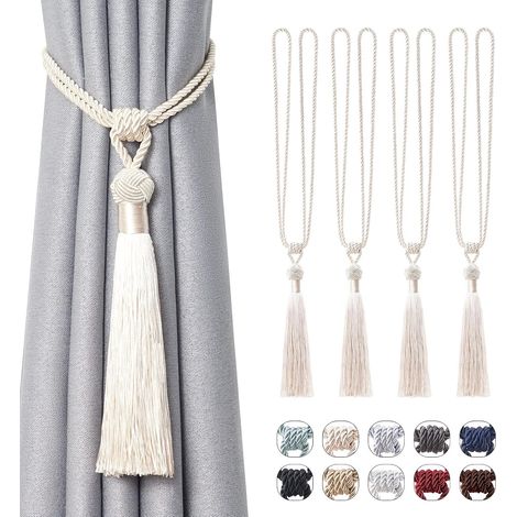 4pcs embrasses de rideaux longues à pompons faites à la main en corde tressée avec nœuds de style décoration de fenêtre de maison et de bureau (beige) (1/5)