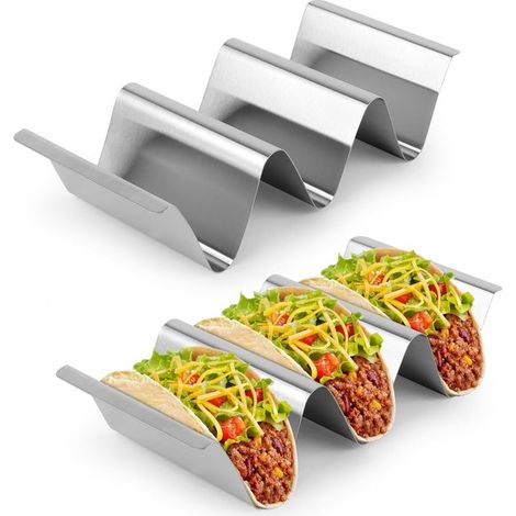 Lot de 2 supports à tacos en acier inoxydable, tablettes à tacos, support à tacos en métal, support à tacos avec poignées en acier inoxydable pour tacos, saucisses grillées, crêpes (1/5)