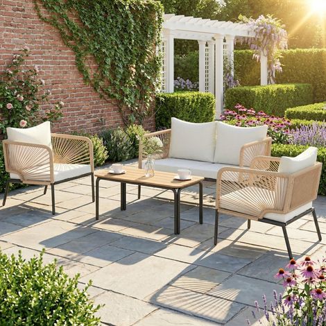 Conjunto Jardín Exterior de 4 Piezas con Sofá 2 Sillones y Mesa WPC Ratán PE Tipo Cuerda Cojines Acolchados Blanco