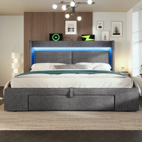Bett 160x200 Stauraum LED USB C Grau Leinen OKMYHOME (1/5)