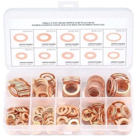 Cuivre Rondelles Metal, Joints Bague D'étanchéité, Rondelles Plates, Joint Torique avec Boîte pour L'étanchéité - 200 Pcs/M5 M6 M8 M10 M12 M14